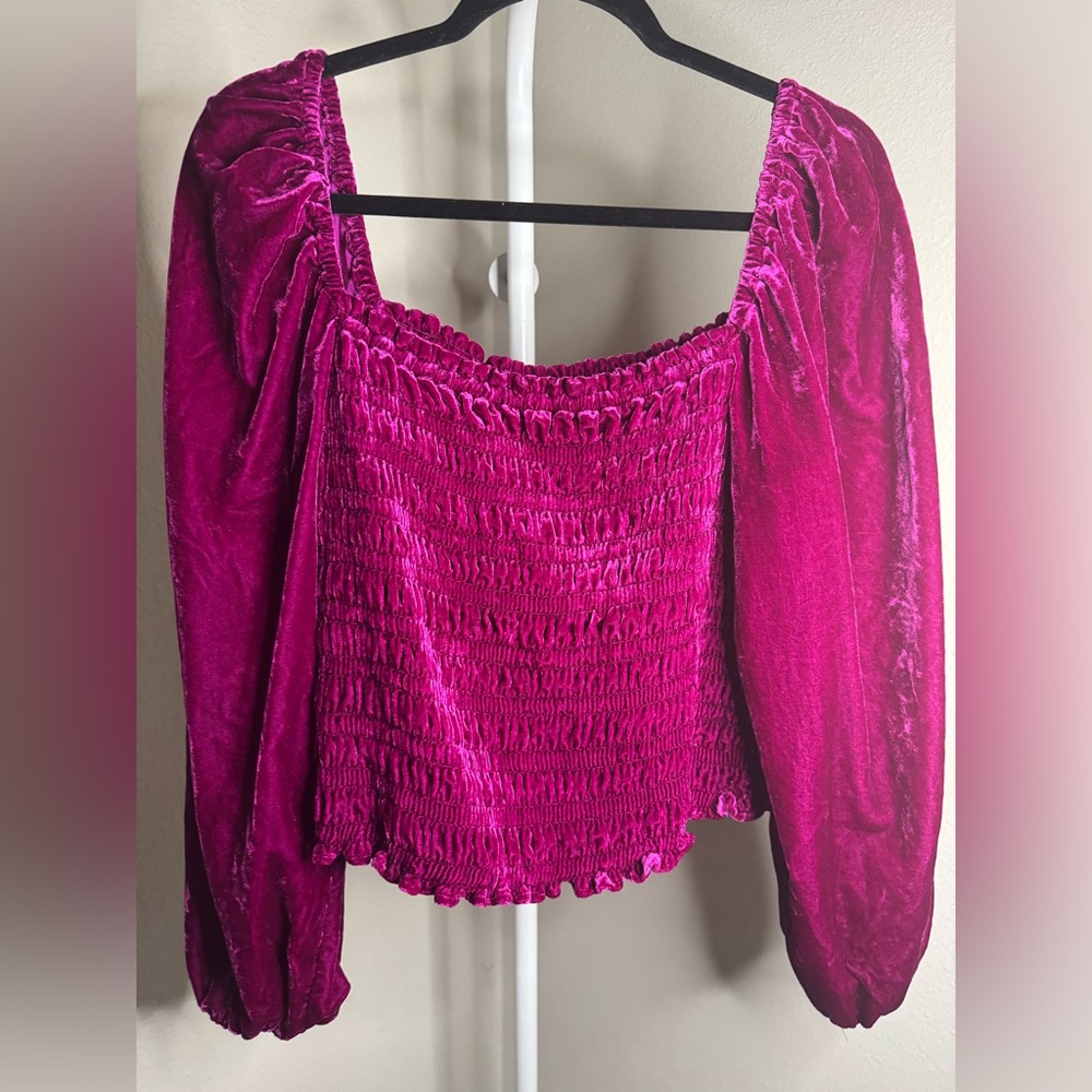 🌺Anthropologie Fuchsia Velvet Smocked Blouse - Picture 2 of 5